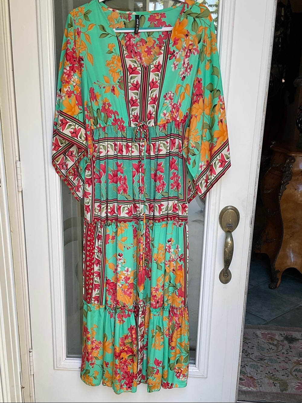 Women’s Floral Maxi Dress in Teal with Pink & Orange Accents